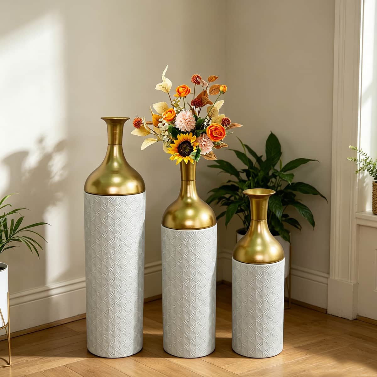 Decorative Metal Vases Set of 3, Gold Leaf Pattern Floor Vases, White & Gold
