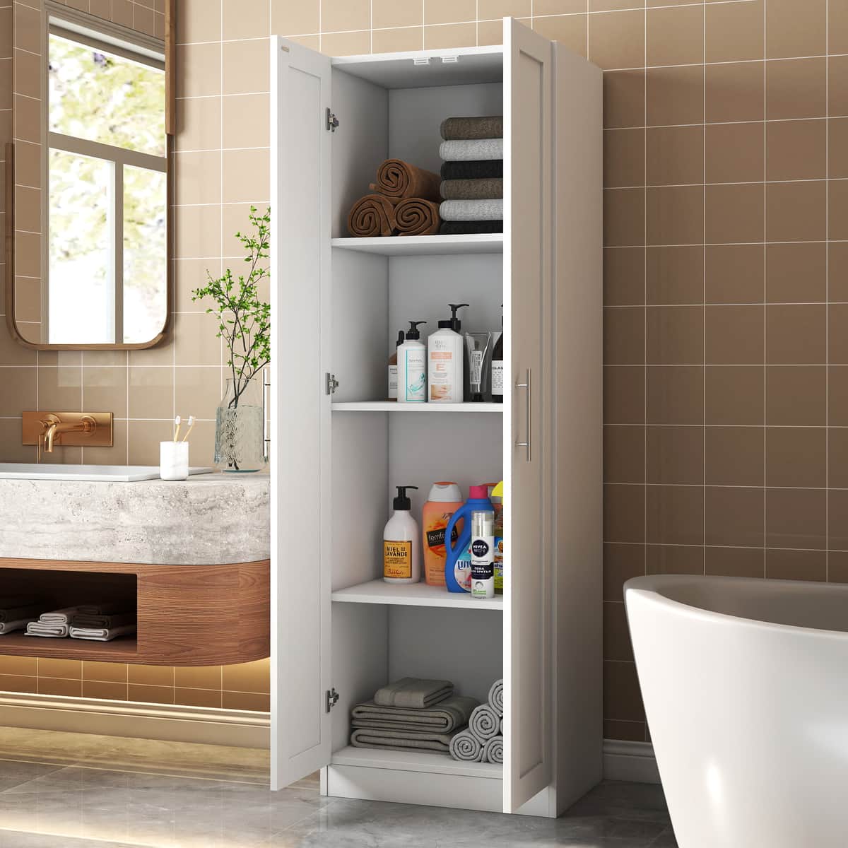 High wardrobe and kitchen cabinet with 2 doors and 3 partitions to separate 4