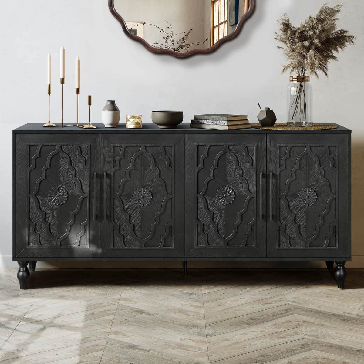 Carved Flower Door Large Storage Cabinet With Metal