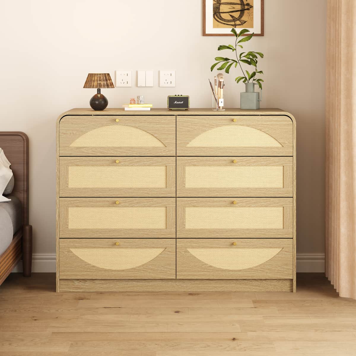 Natural Finish 8‑Drawer Dresser with Rattan Front, Wide Particle Board Chest