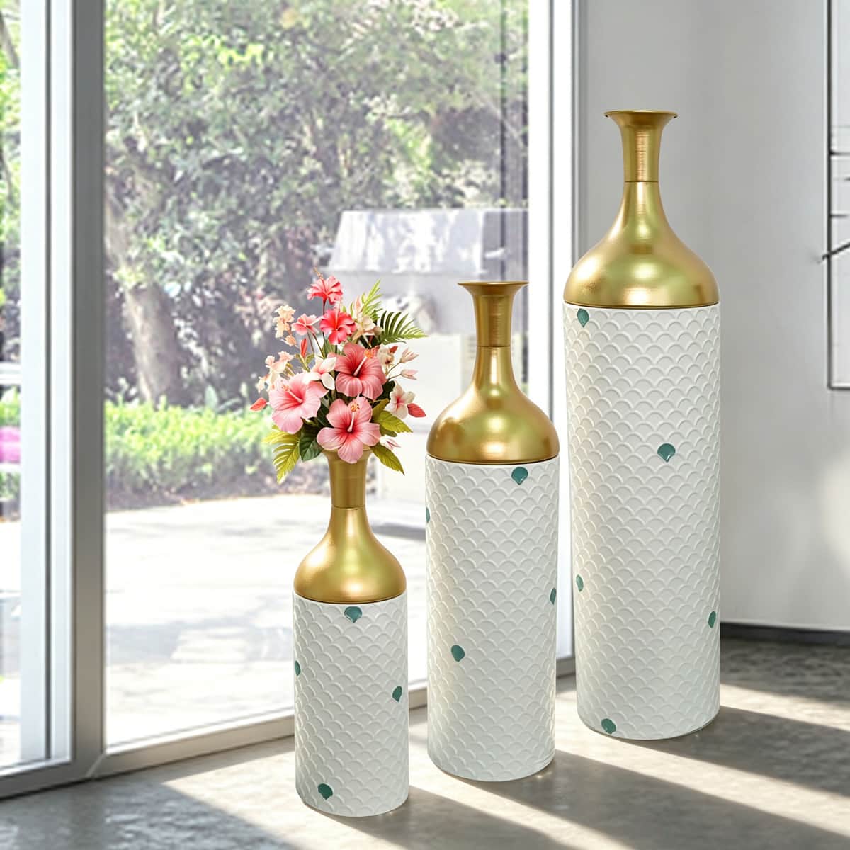 Decorative Metal Vases Set of 3, Gold Leaf Pattern Floor Vases, White & Gold