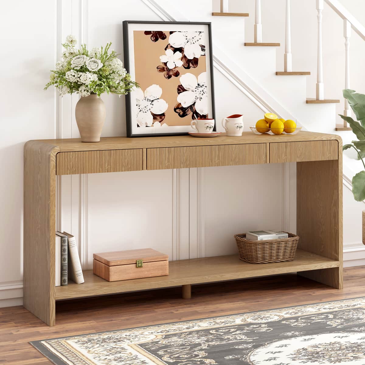 Modern 3-Drawer Console Table with Vertical Slats, Round Edge Design