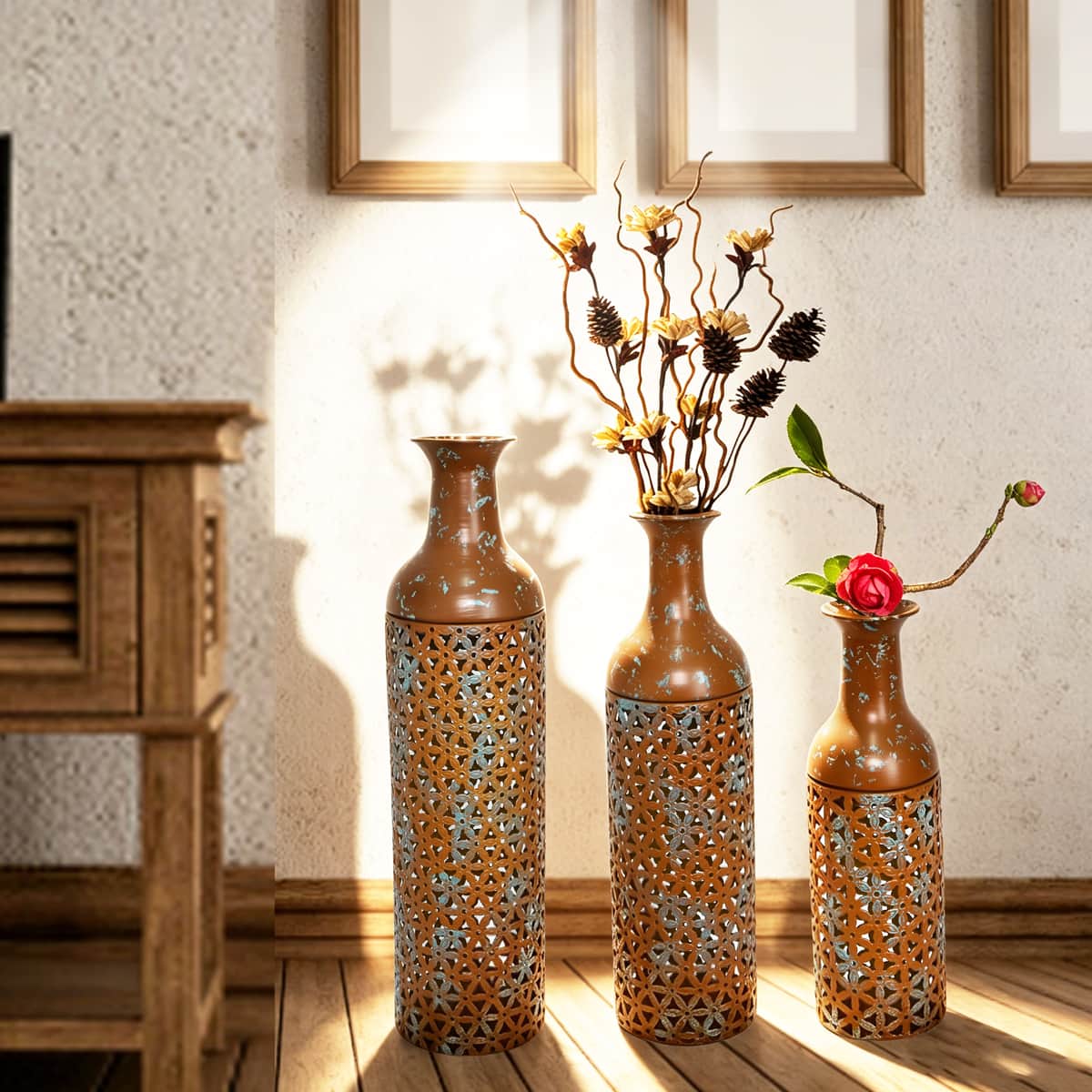 Decorative Metal Vases Set of 3, Rustic Brown Leaf Pattern Floor Vases, Rustic