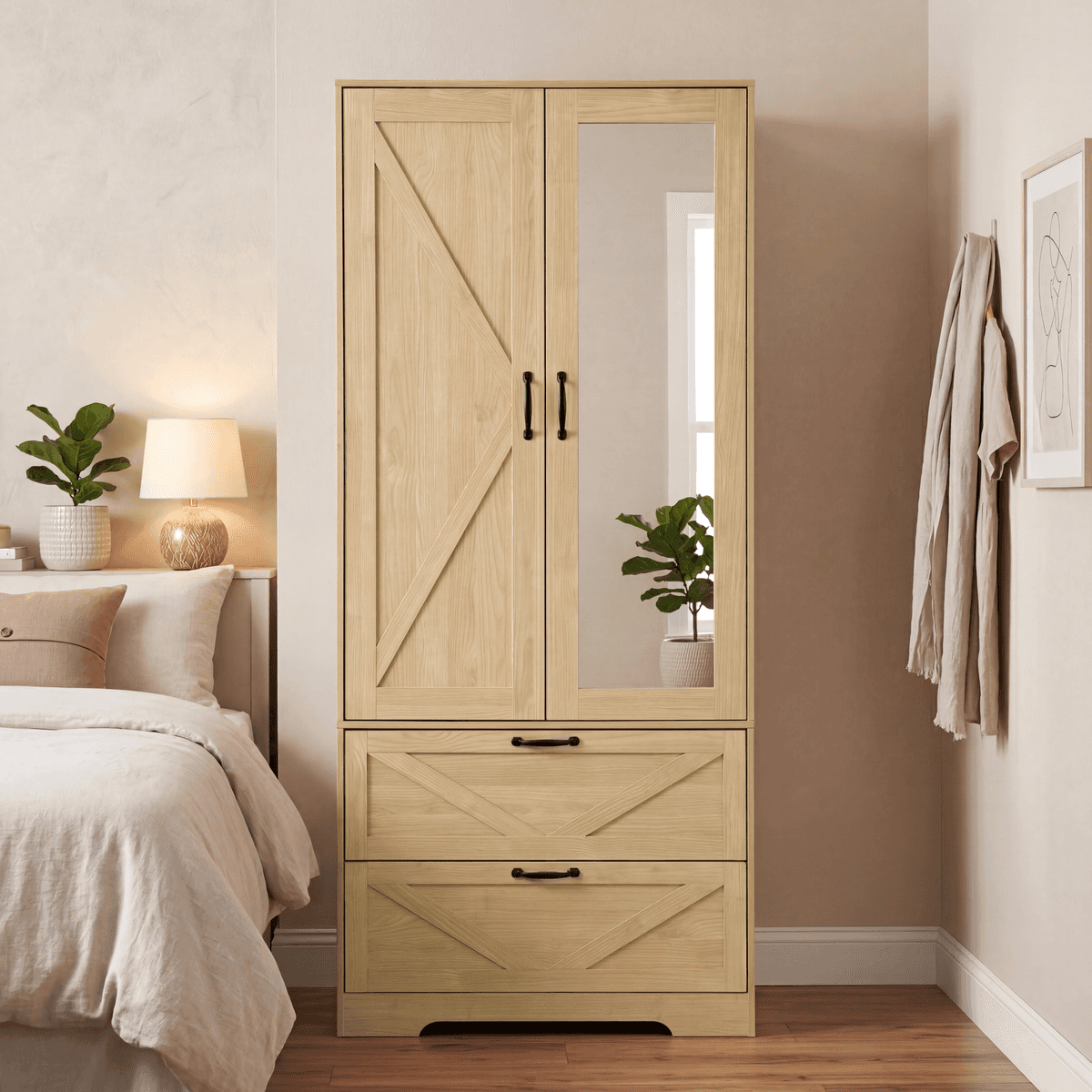 2 Door Wood Wardrobe for Bedroom with Hanging Clothing Rod inside the Cabinet