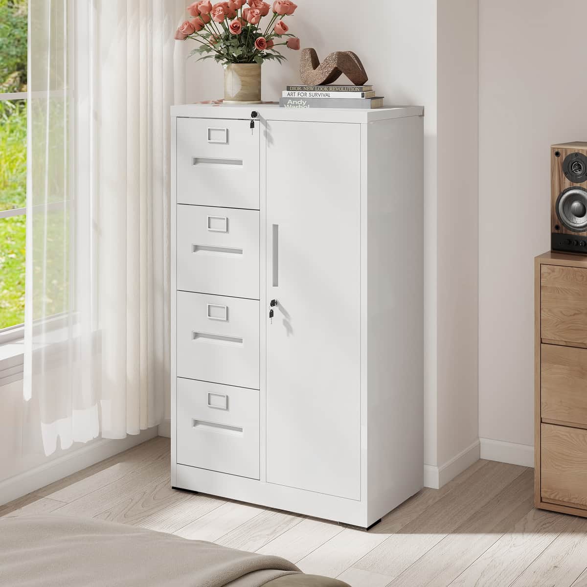 Metal Storage Vertical Filing Cabinet with Lock, Steel File Locker with 4