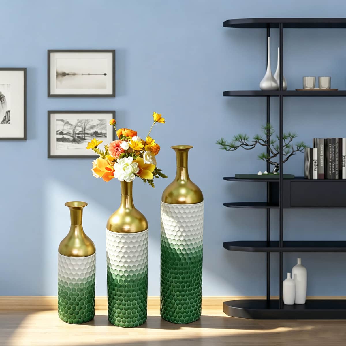 Decorative Metal Vases Set of 3, green Leaf Pattern Floor Vases, green &white