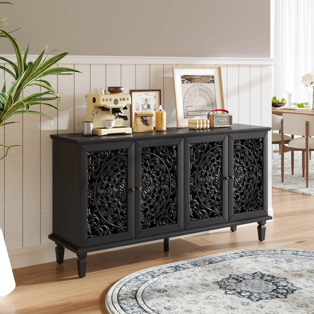 60" Antique Buffet Cabinet with Floral Carvings with