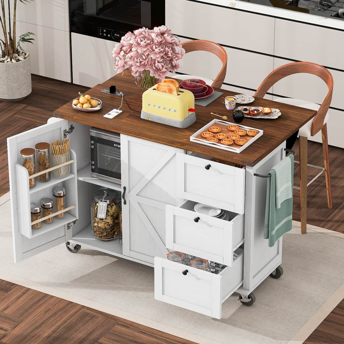 54.5" Farmhouse Kitchen Island with Power Outlet, Kitchen Storage Island