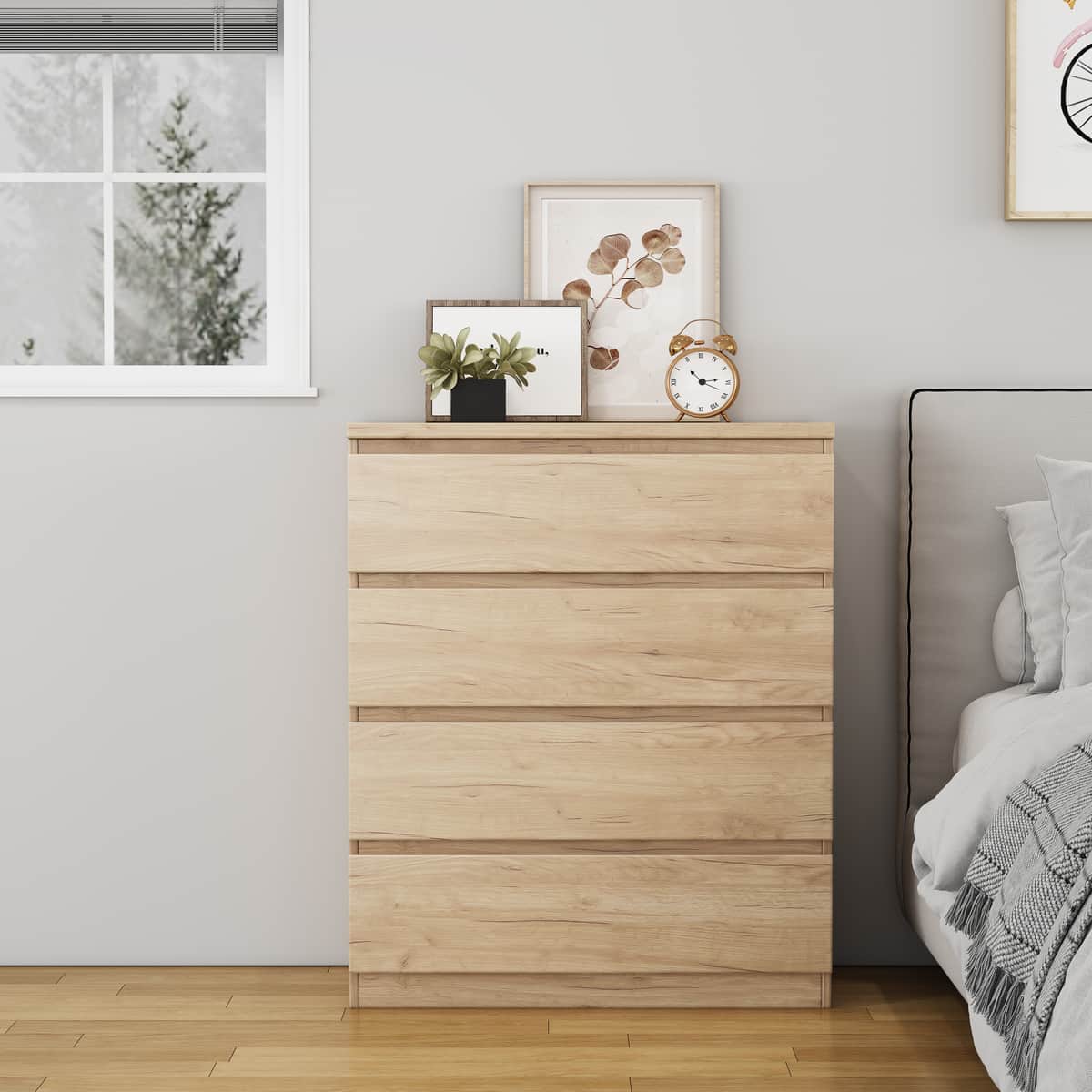 4 Drawer Dresser, Modern Storage Chest of Drawers, 31.5In Natural Dresser