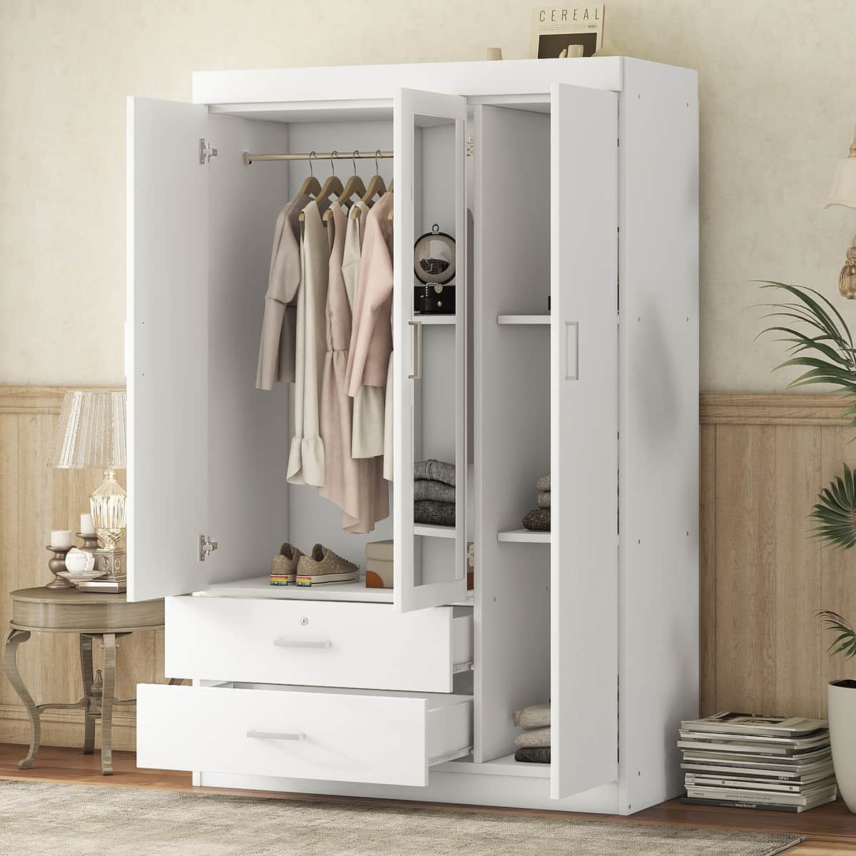 3-Door Mirror Wardrobe with shelves, White(LP006601AAK)