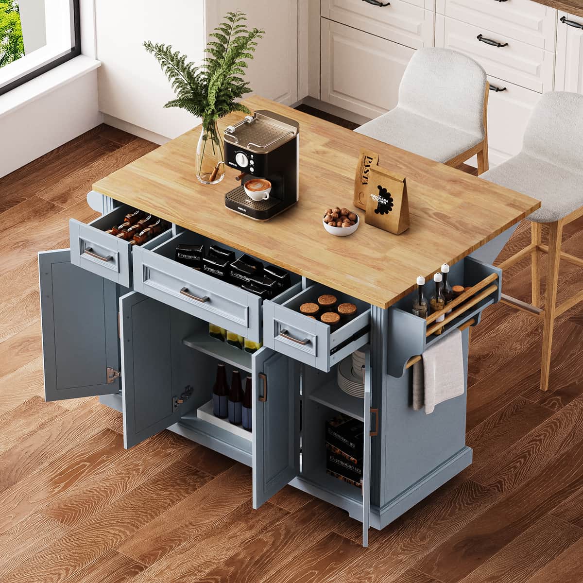 54inch Large Kitchen Island with Rubber Wood Drop Leaf, Embossed Texture