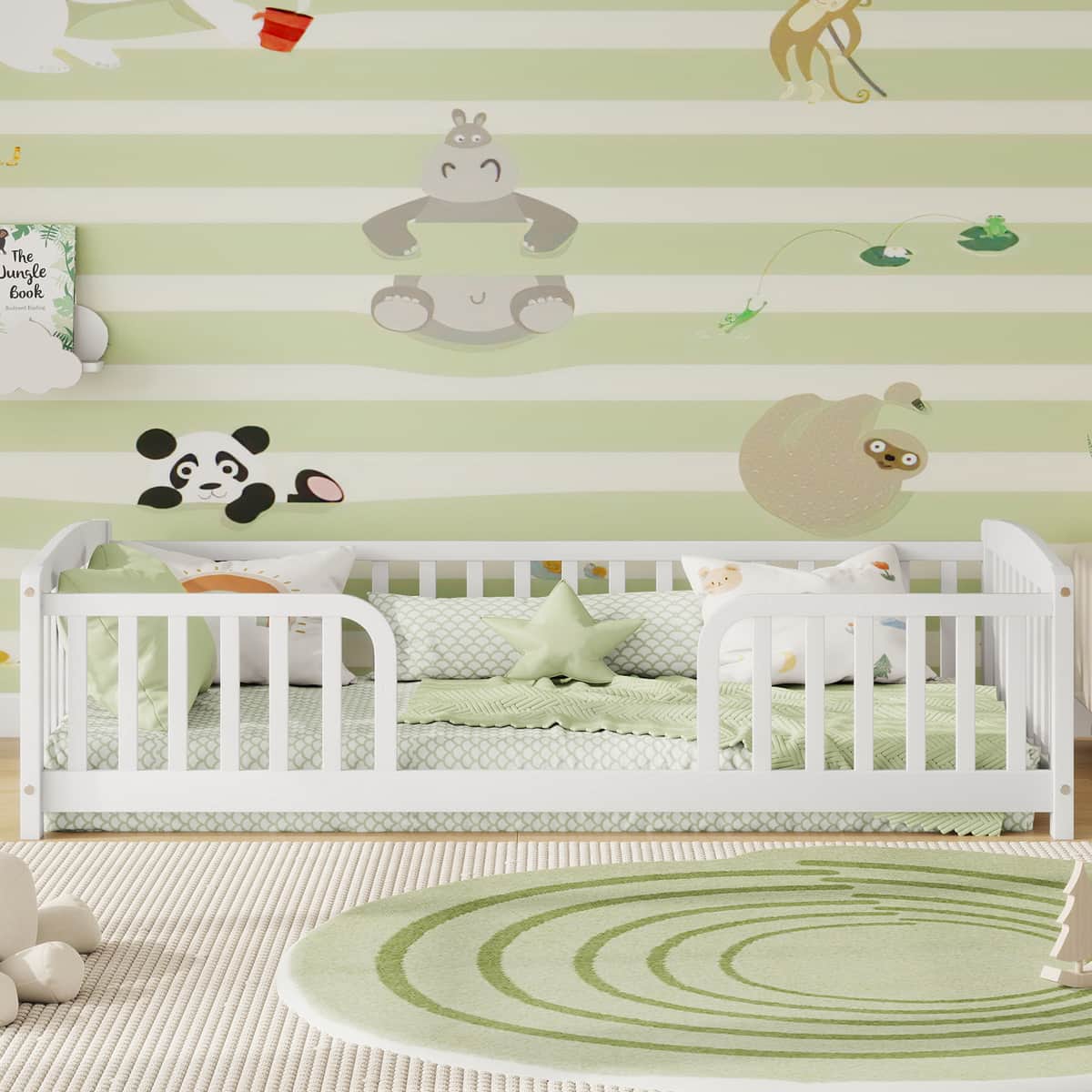 Twin Size Floor Fence Bed with Central Entrance, Pine Wood Floor bed