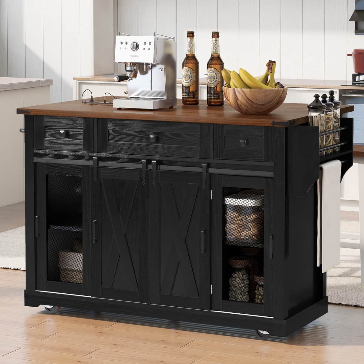58" Farmhouse Kitchen Island with Storage, Sliding Barn Door & Metal Grid Side
