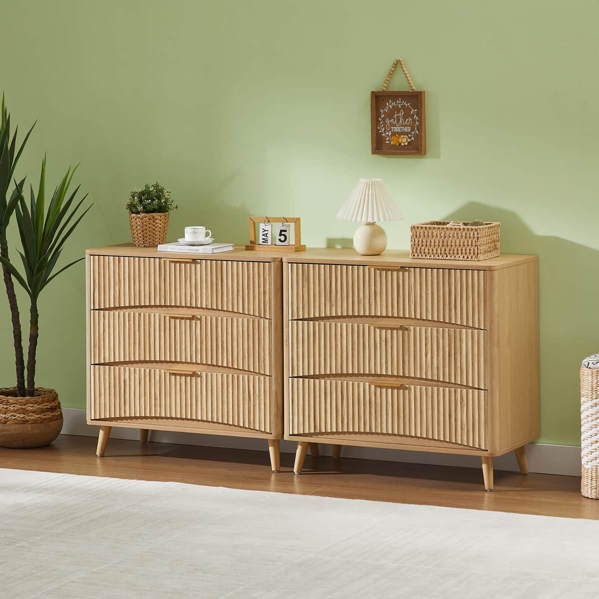 Fluted 3 Drawer Dresser Set of 2, Modern Tall Chest of Drawers with Vertical