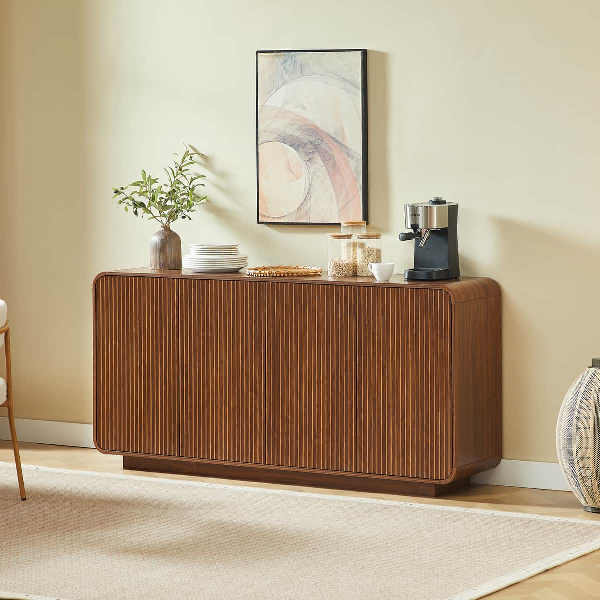 64" Buffet Sideboard Cabinet with Storage, Modern Vertical Fluted Entryway