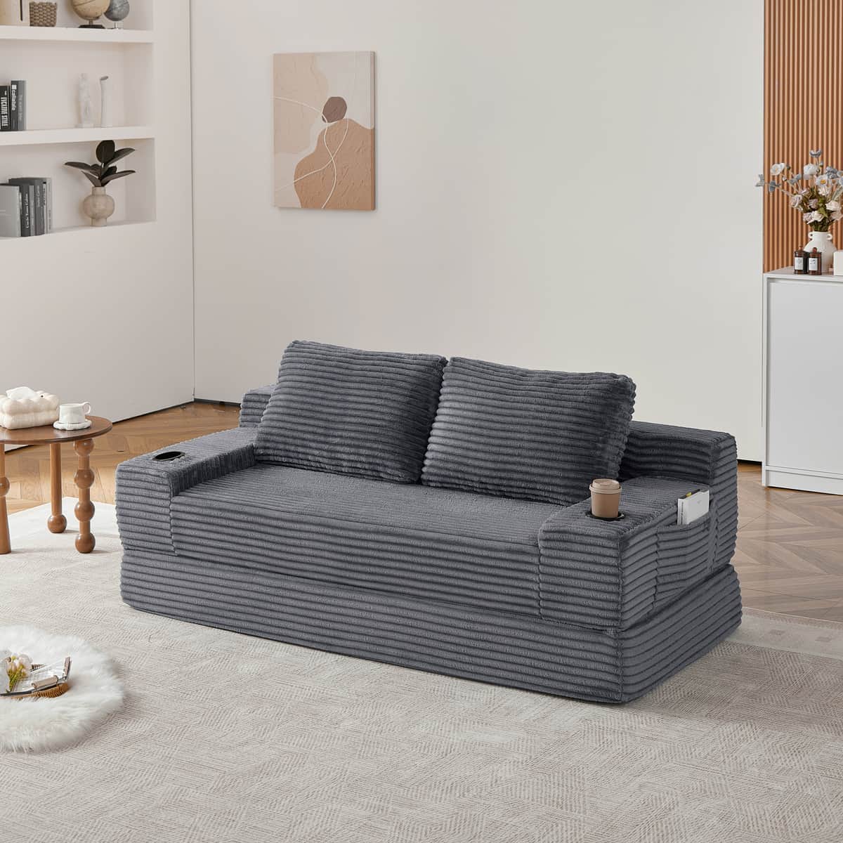 70.8-inch corduroy two-in-one sofa bed, featuring a lounge chair with two throw