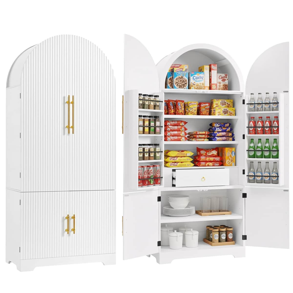 72" Tall Arched Kitchen Pantry Cabinet with 8 Door Shelves, Fluted Storage