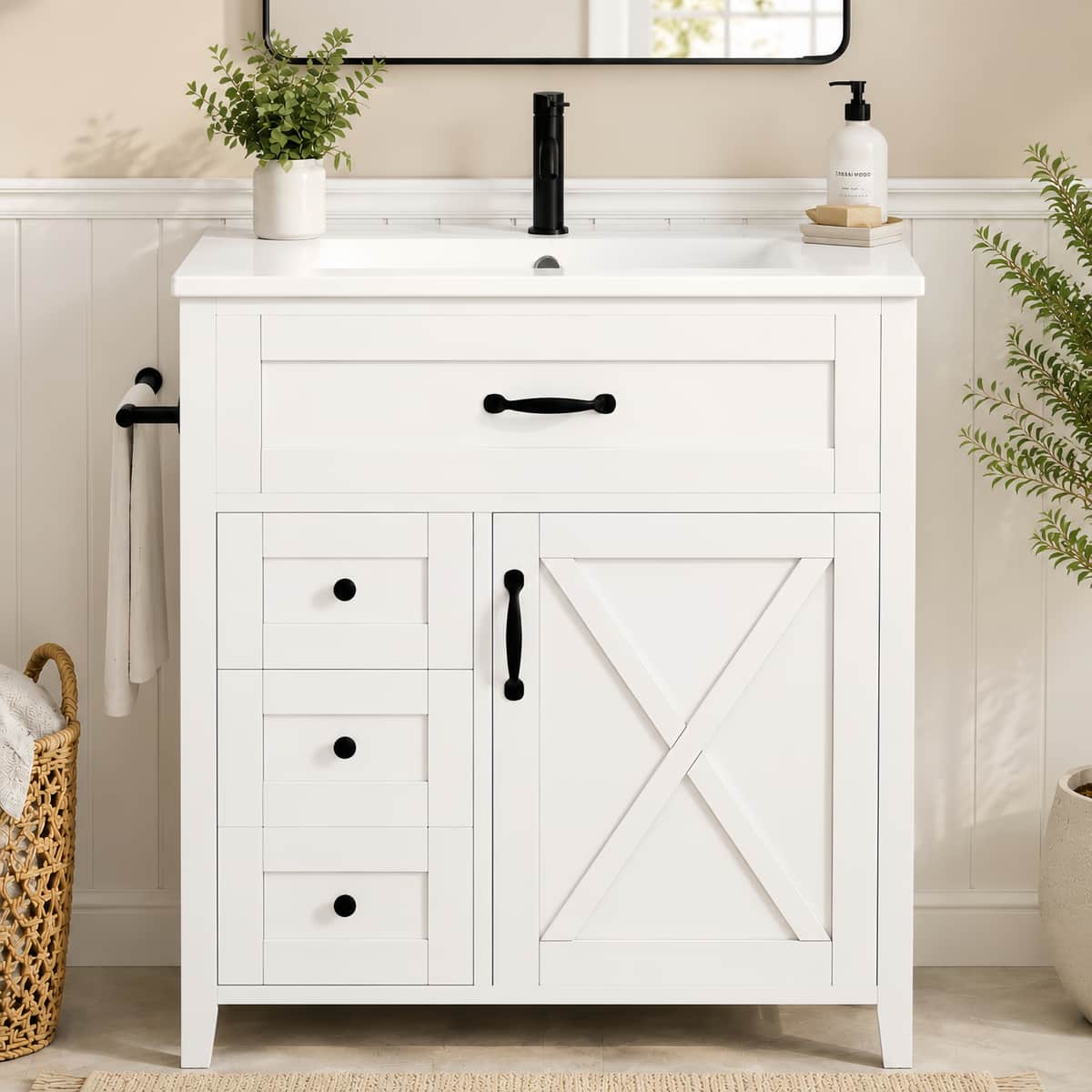 30 Inch Bathroom Vanity with Sink, White Farmhouse Vanity Cabinet, Freestanding