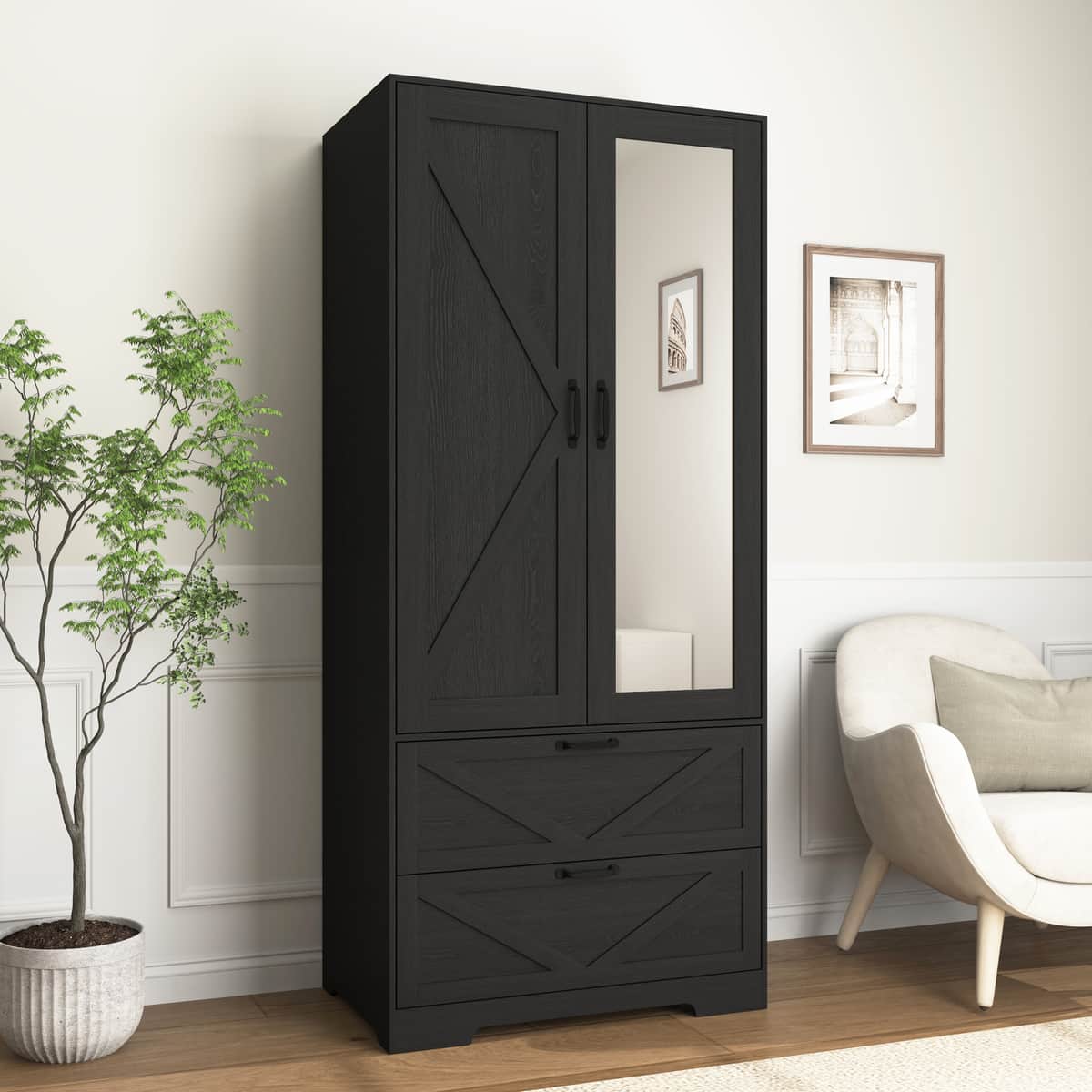 2 Door Wood Wardrobe for Bedroom with Hanging Clothing Rod inside the Cabinet
