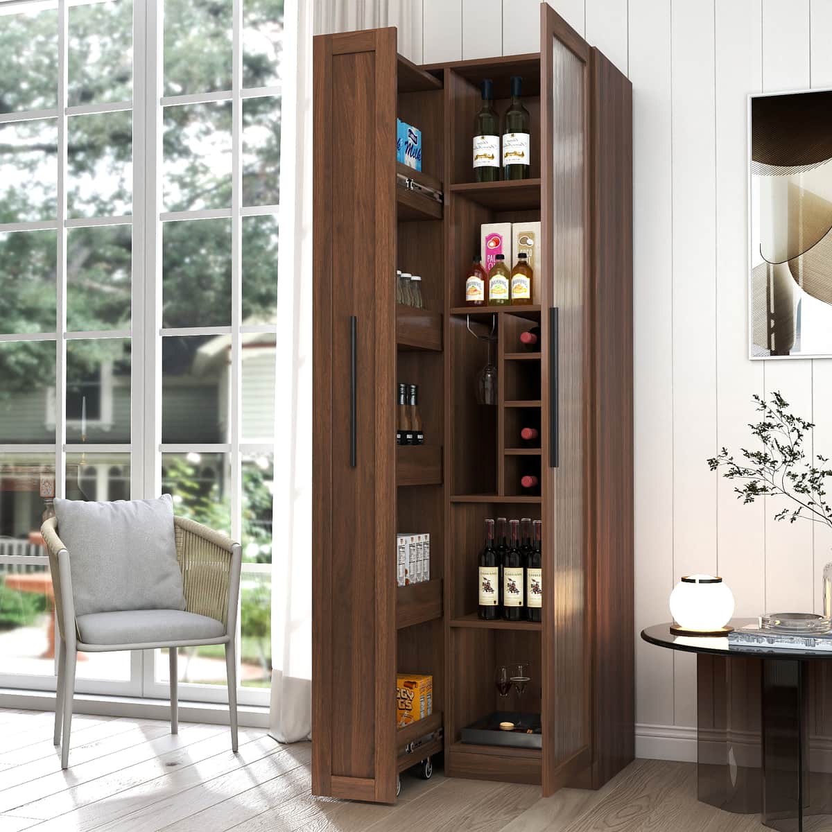 Kitchen pantry cabinet with multi-functional pull-out multi-tier storage