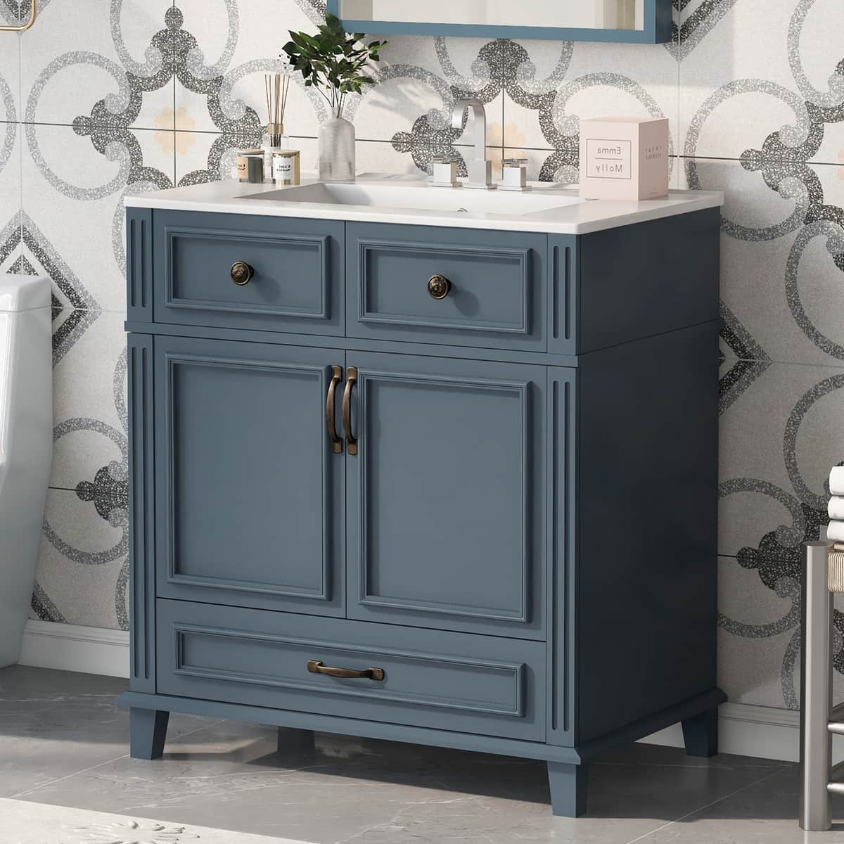 30'' Bathroom Vanity with Ceramic Sink, Solid Wood Frame Bathroom Storage