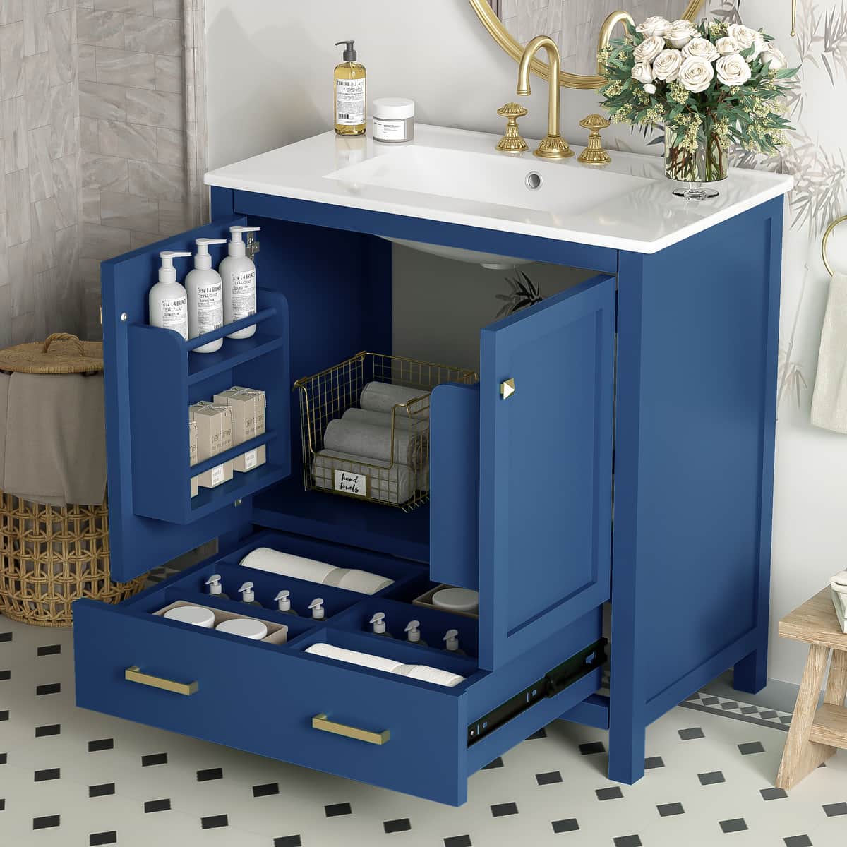 30" Blue Bathroom Vanity with Single Sink, Combo