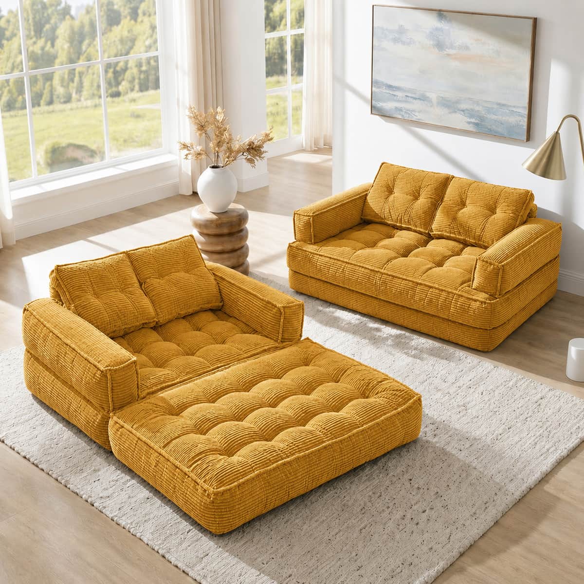 51.18 Inch 2-Seater Modular Corduroy Sofa with Chaise Lounge, Orange, 2-in-1