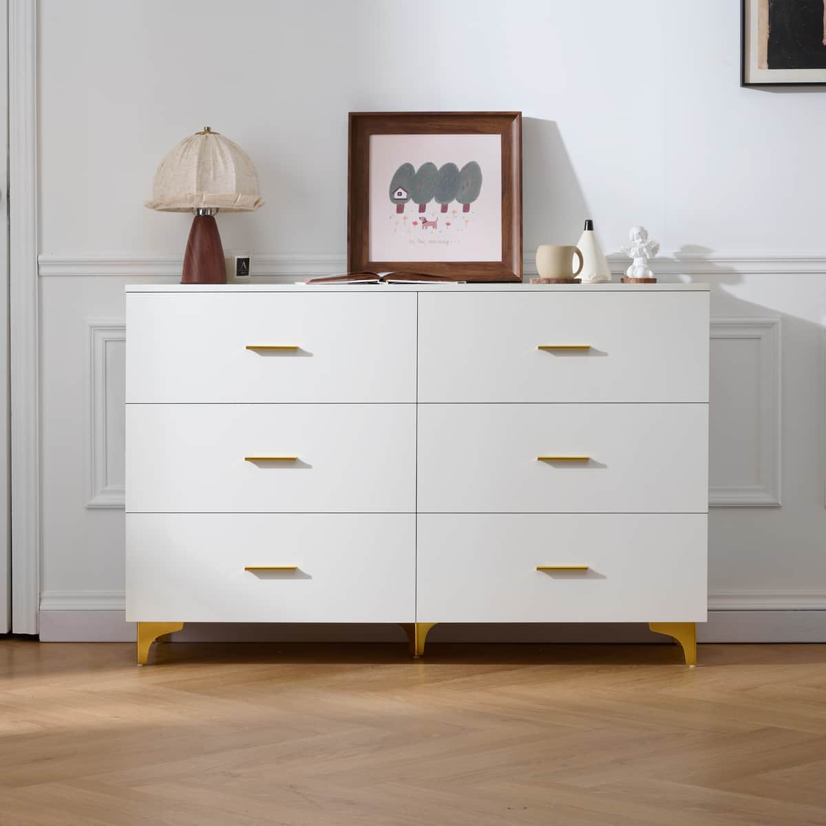 White 6 Drawer Dresser with Gold Handles & Metal Legs, Deep Storage Space