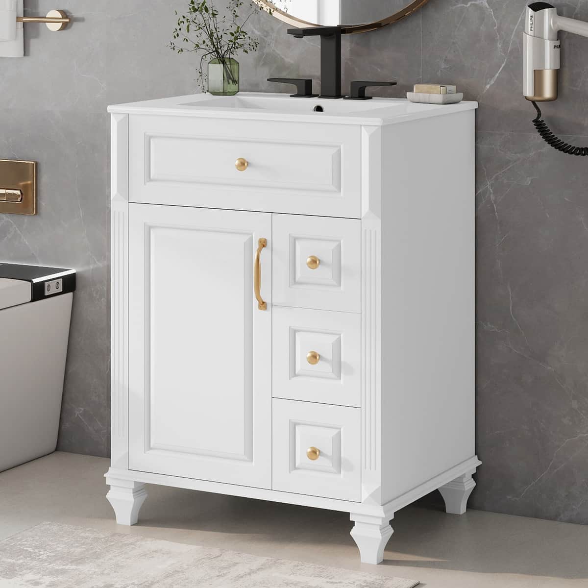24 Inch Bathroom Vanity with Sink, White Freestanding Vanity Cabinet