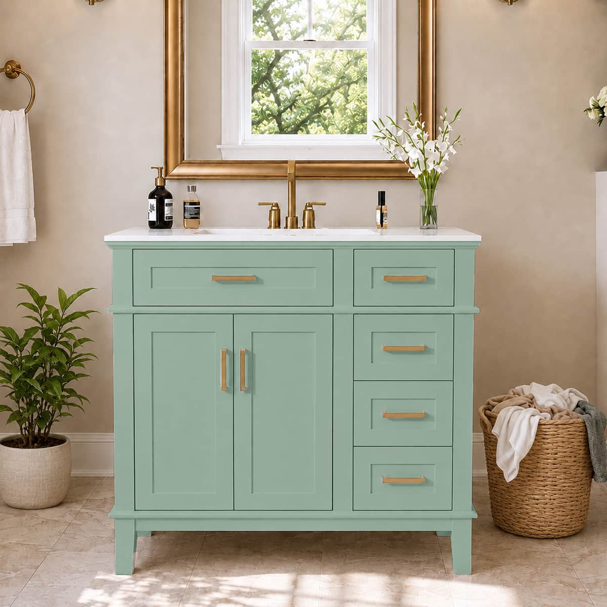 36" Light Green Modern Bathroom Vanity with Ceramic Sink, Soft-Close Door