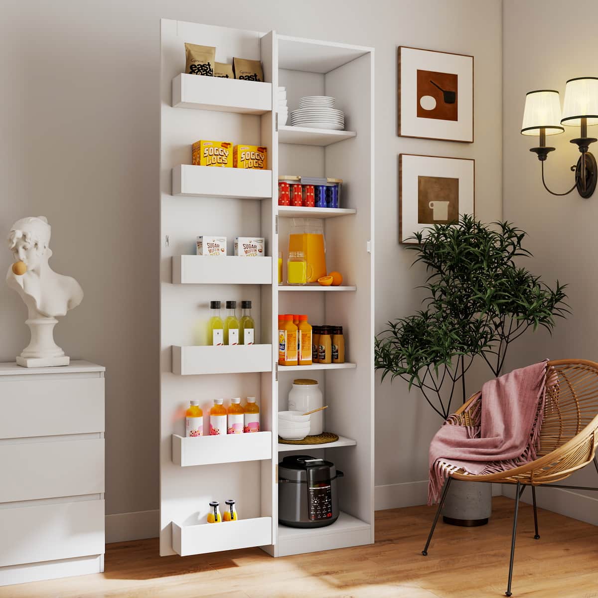 Kitchen Pantry Cabinet, White Freestanding Buffet Cupboards Sideboard
