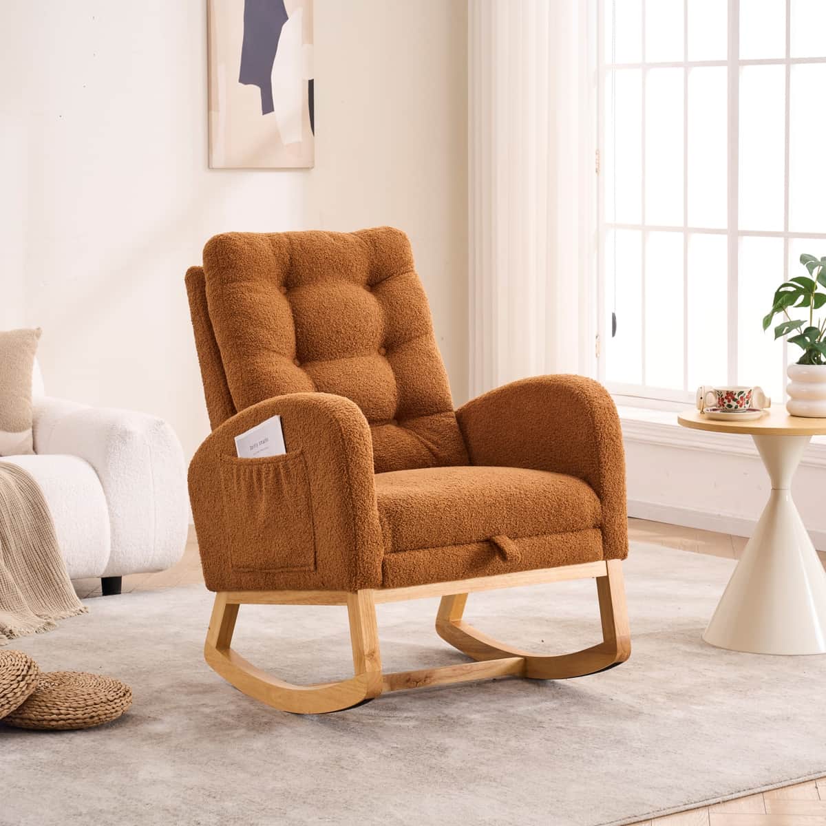 LY-5104 Caramel Accent Rocking Chair with Footrest High Back Rubber Wood