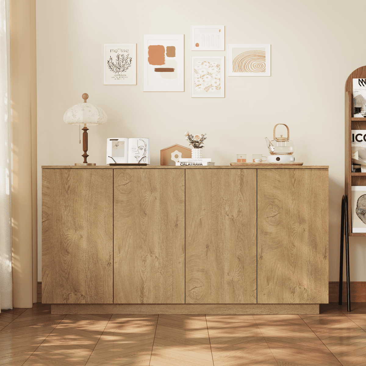 Wood Sideboard Buffet Cabinet, Natural 4-Door Storage Credenza with Adjustable