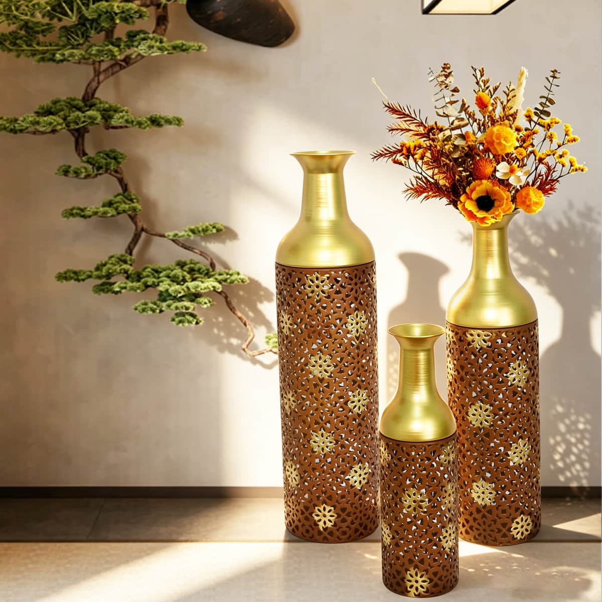 Decorative Metal Vases Set of 3, Rustic Brown Leaf Pattern Floor Vases, rustic