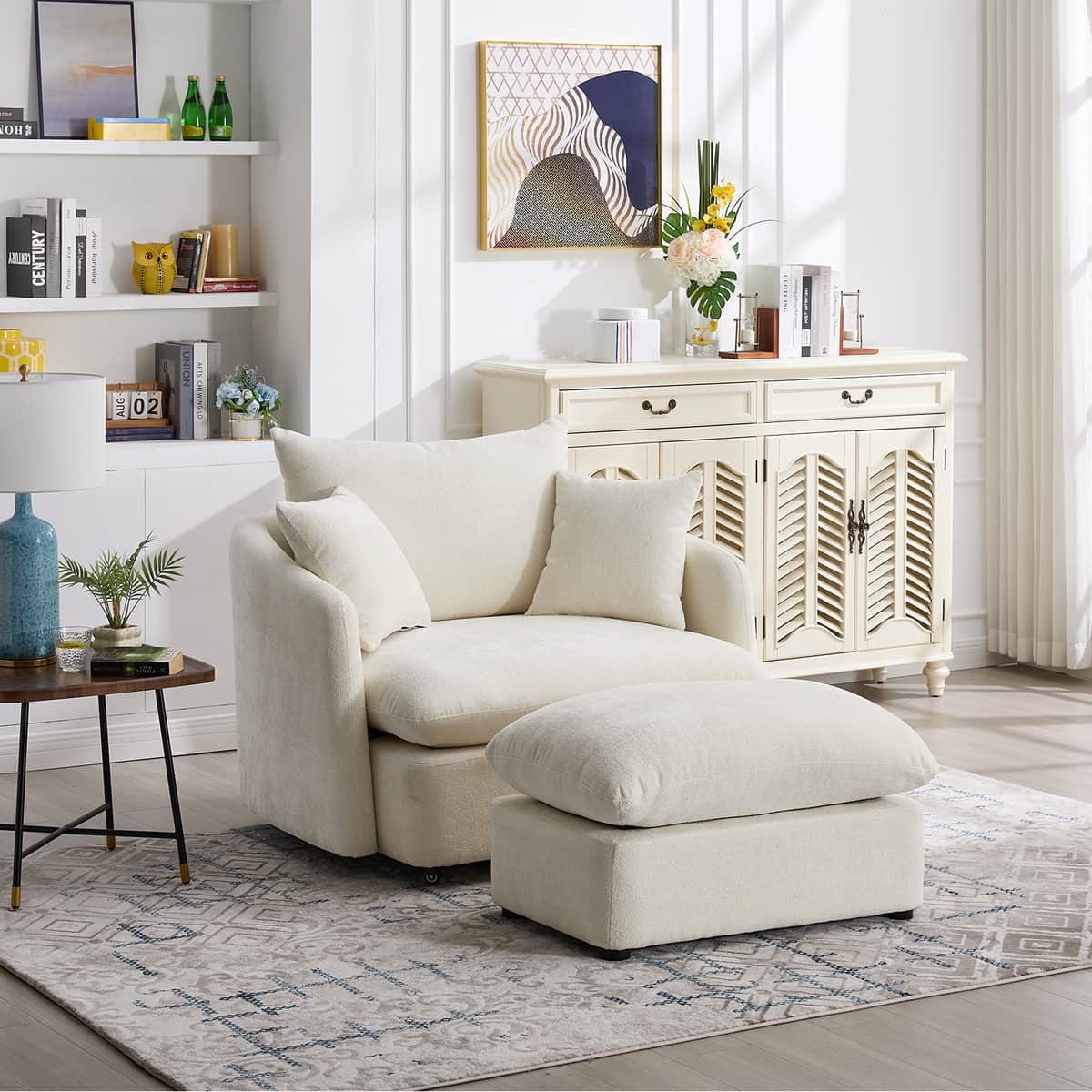 46.1" W Upholstered Oversized Swivel Accent Chair with Ottoman, 37.8" Large Seat