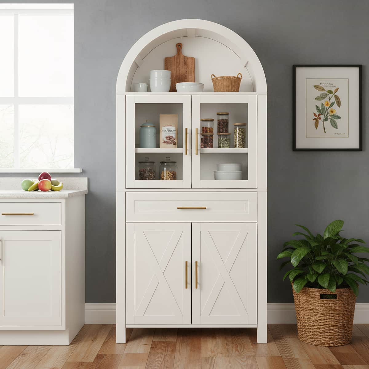 71" Tall Arched Kitchen Pantry Cabinet with Glass