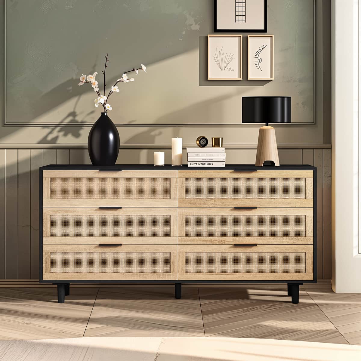 59.06"6-Drawers Rattan Storage Cabinet Rattan Drawer, for Bedroom, Living Room