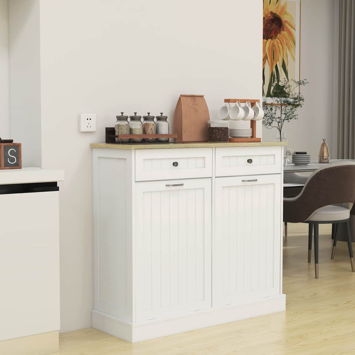 Two Drawers and Two-Compartment Tilt-Out Trash Cabinet