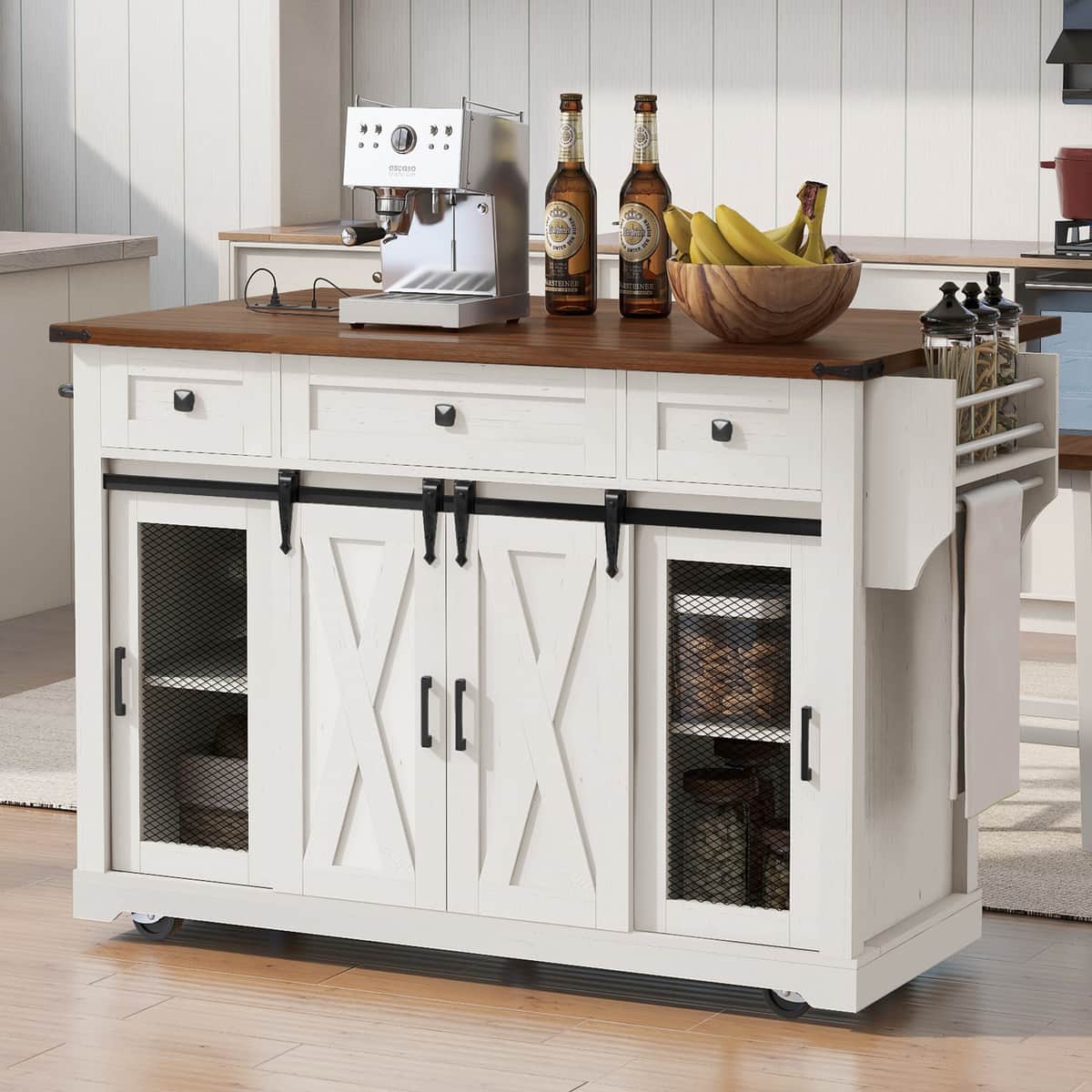 58" Farmhouse Kitchen Island with Storage, Sliding Barn Door & Metal Grid Side