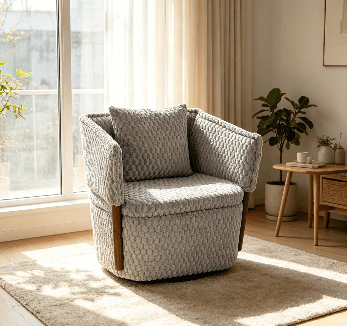 Mid Century Modern Accent Chair with Solid Wood Frame, Upholstered, Swivel