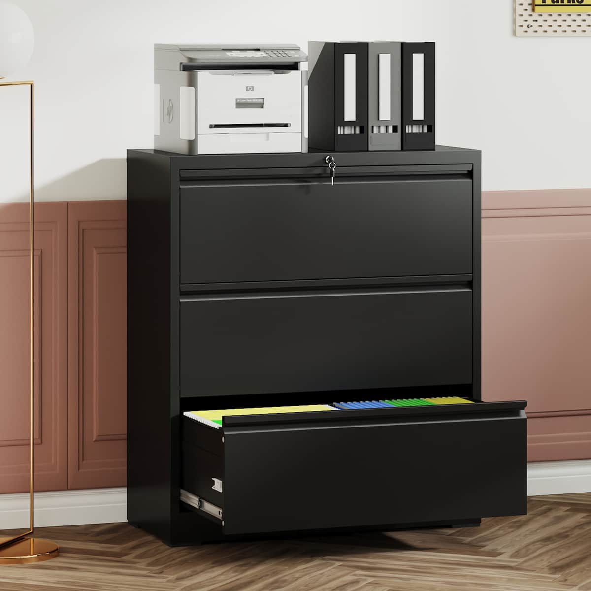 3 Drawer Lateral File Cabinet, 35.4 Inch Wide Metal Filing Cabinet, Locking