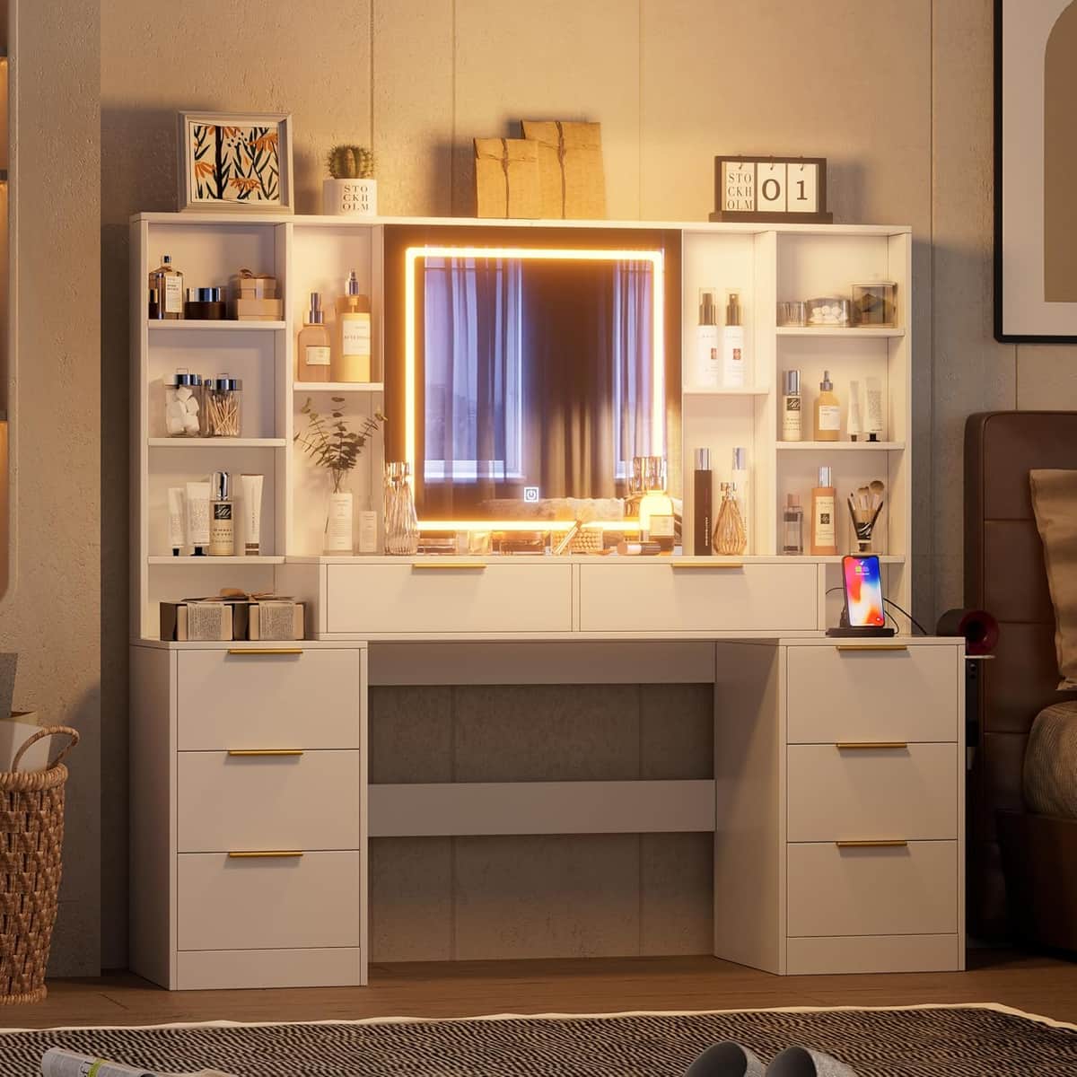 Makeup Vanity Desk with Mirror and Lights, 59" Large Vanity Table with 8Drawers