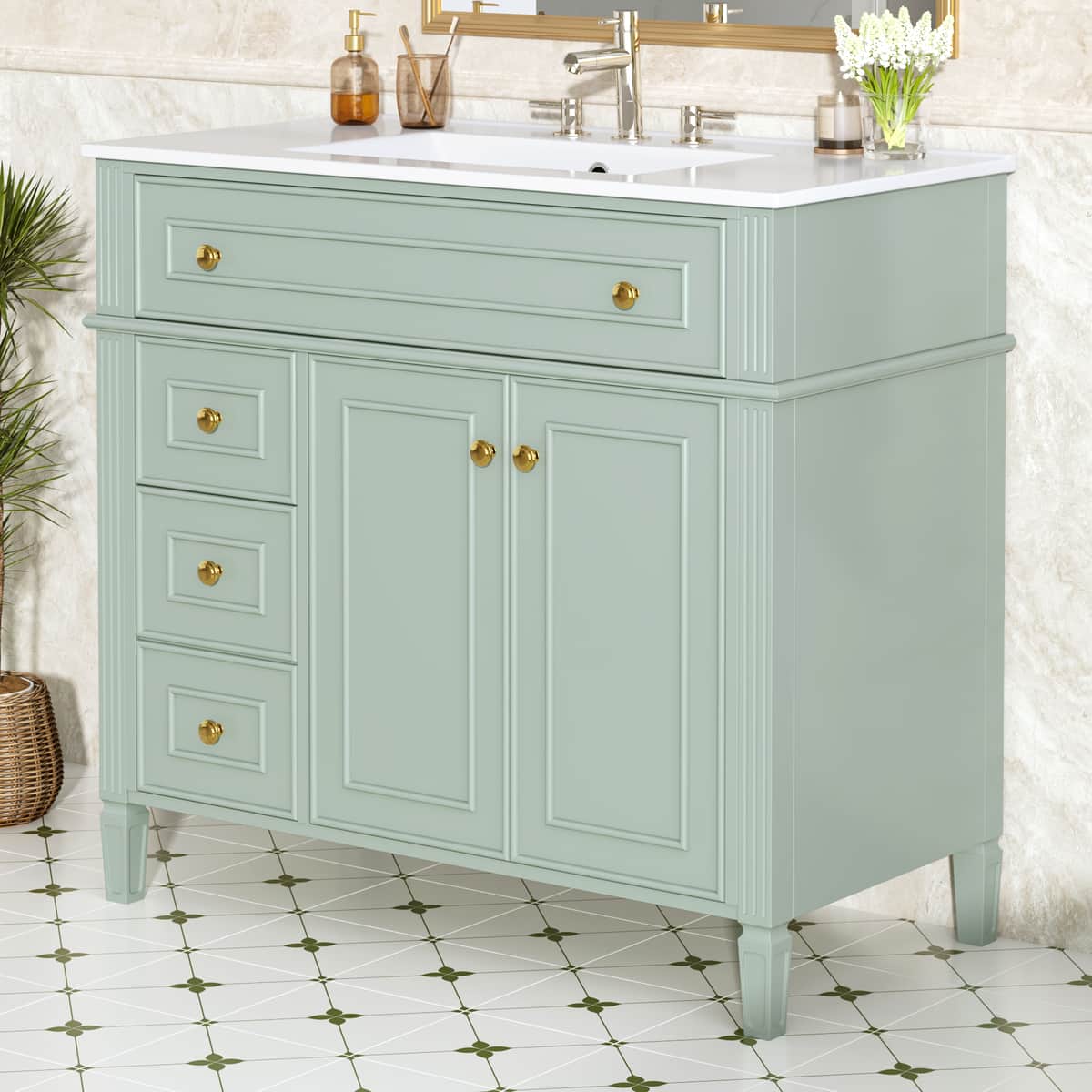 36 Inch Bathroom Vanity with Sink, Green Solid Wood Cabinet with Flip-Out