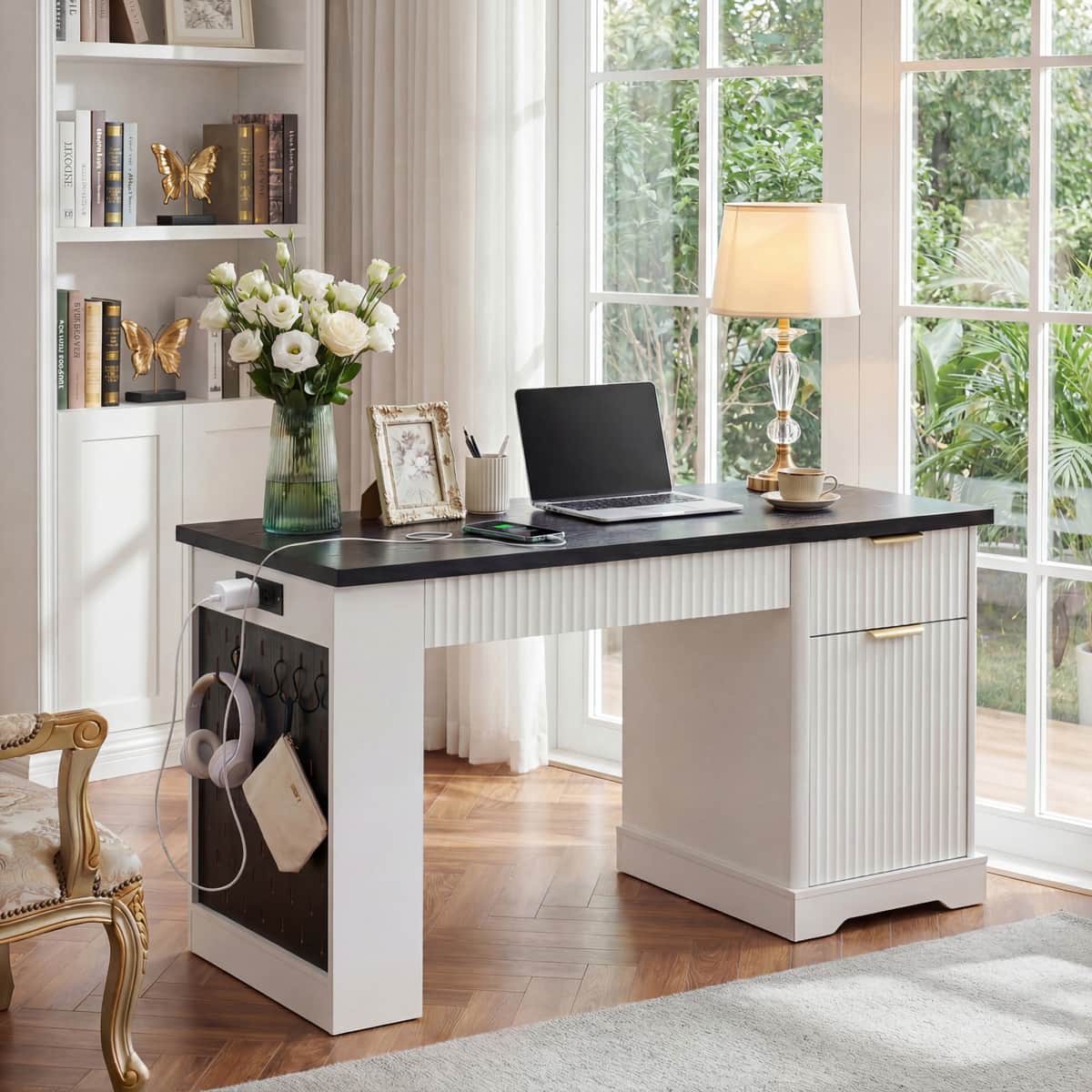 55" Modern Fluted Office Desk with Storage Cabinet & Drawers, Computer Writing