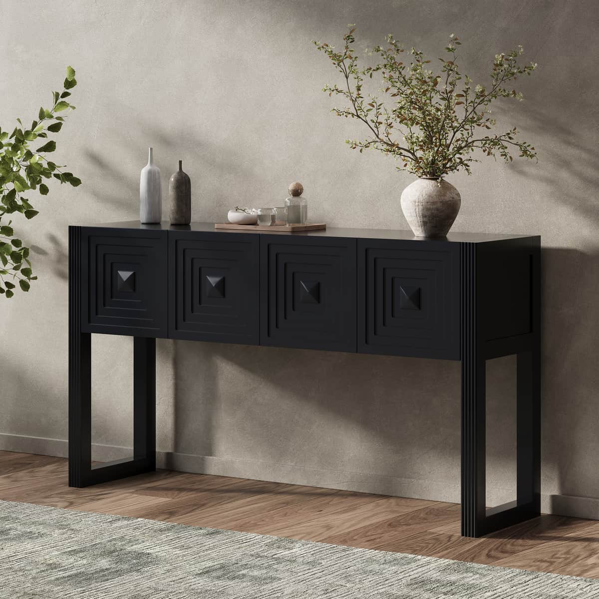 Geometric Carved Console Table with 3 Soft-Close Drawers, Fluted Leg Details