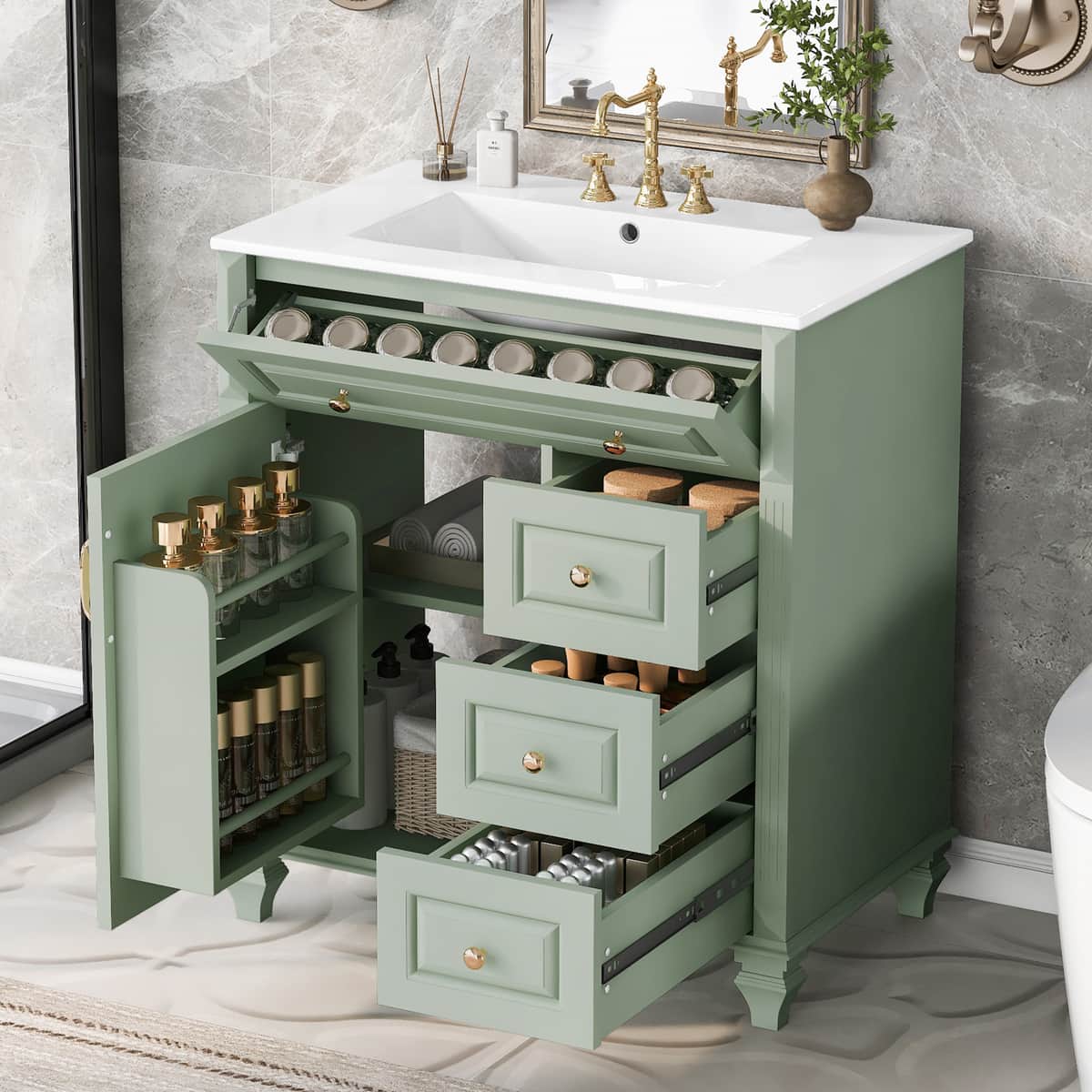 30 Inch Bathroom Vanity with Sink, Green Freestanding Vanity Cabinet