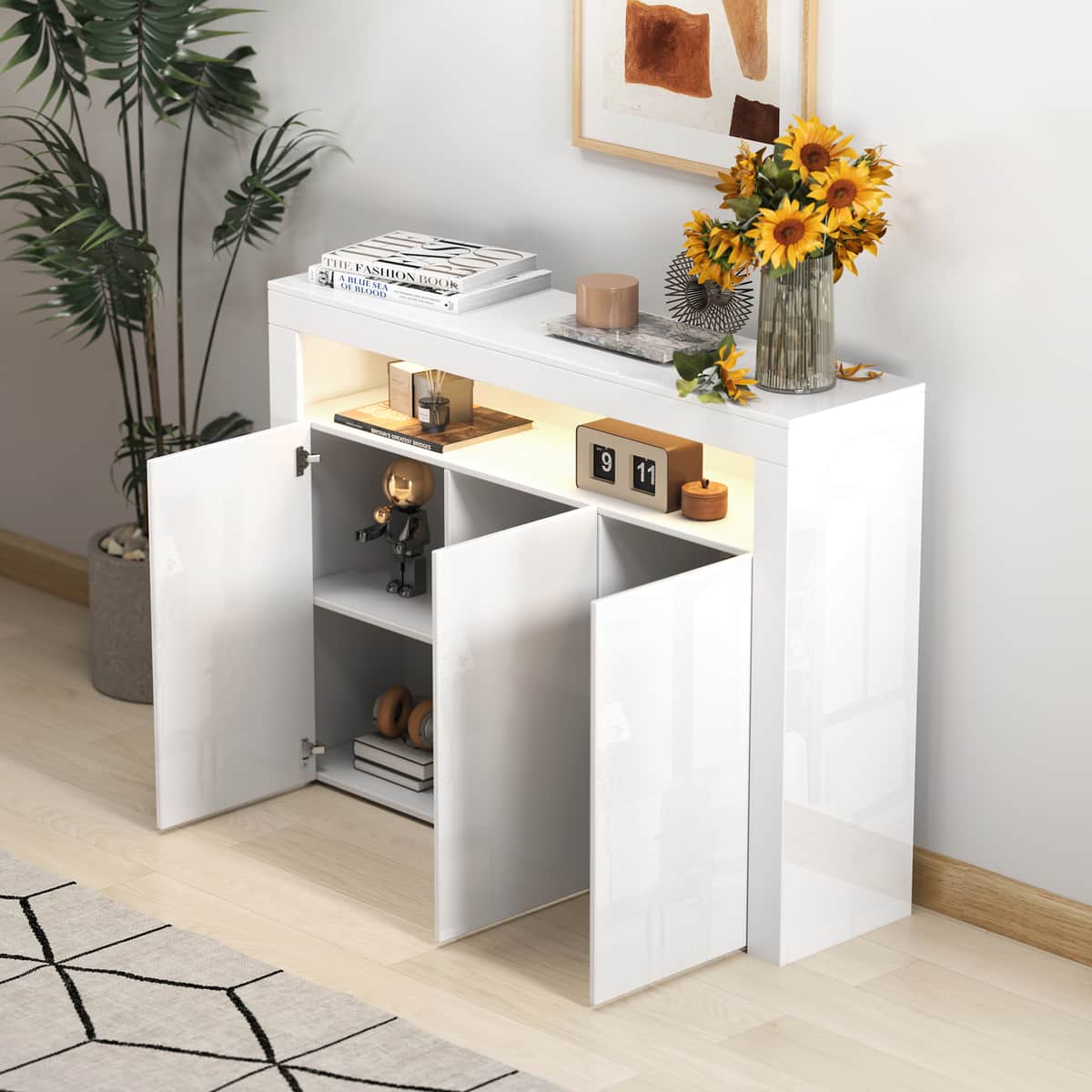 Living Room Sideboard Storage Cabinet WHITE High Gloss with LED Light, Modern