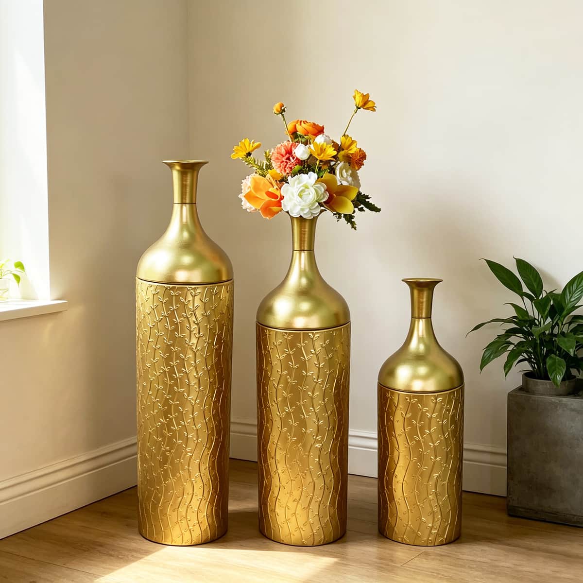 Decorative Metal Vases Set of 3, Gold Leaf Pattern Floor Vases, Gold Tall Vases