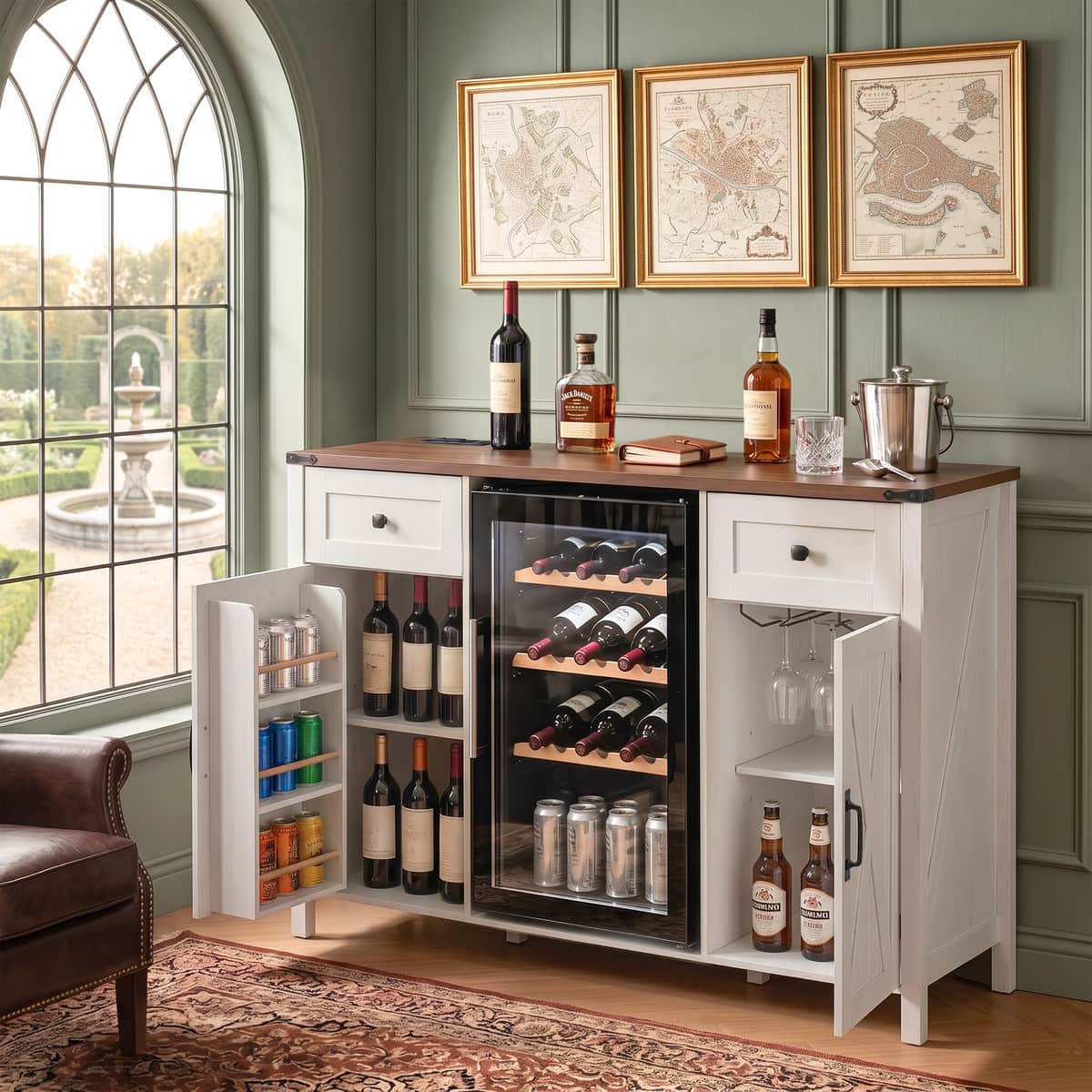 53.2" Farmhouse Fridge Cabinet with Power Outlet, Coffee Bar Cabinet