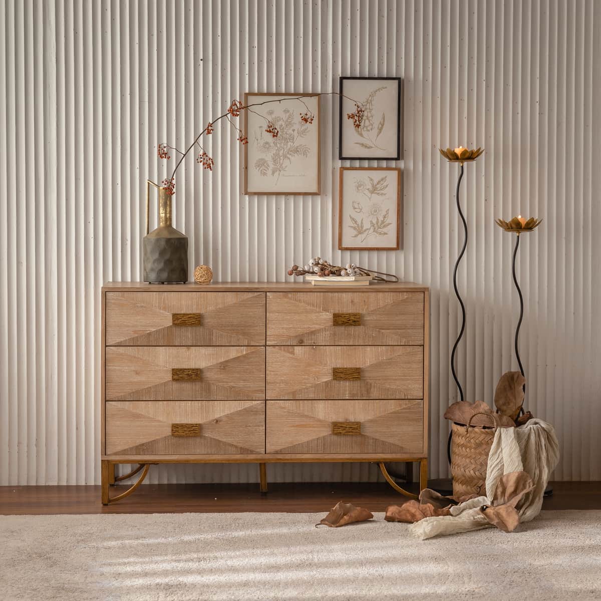 47.24" Light Wood 6-Drawer Dresser - Geometric Relief Chest of Drawers